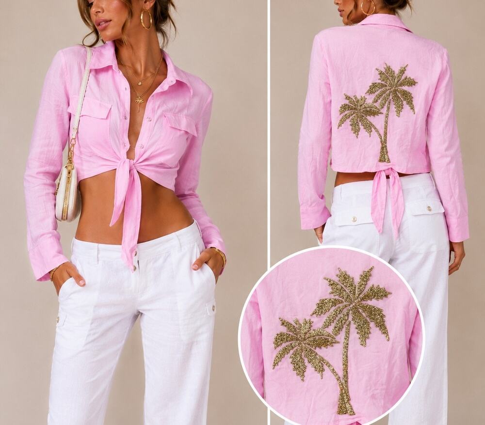 Fleur de Pirate Island Tie Top Size Small Pink Gold Palm Tree Y2K Tropical Party